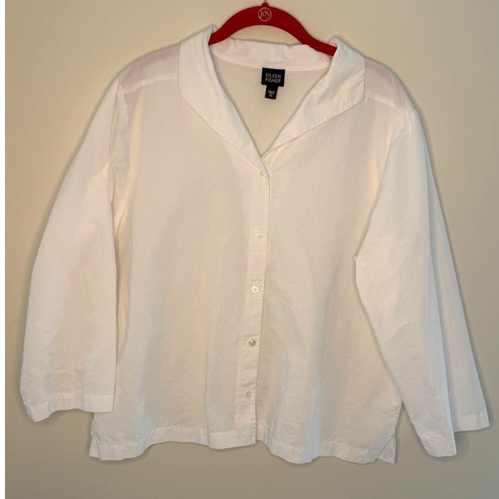 Eileen Fisher White Cotton Blouse Notched Collar Button Up Boxy 3/4 Sleeves XL